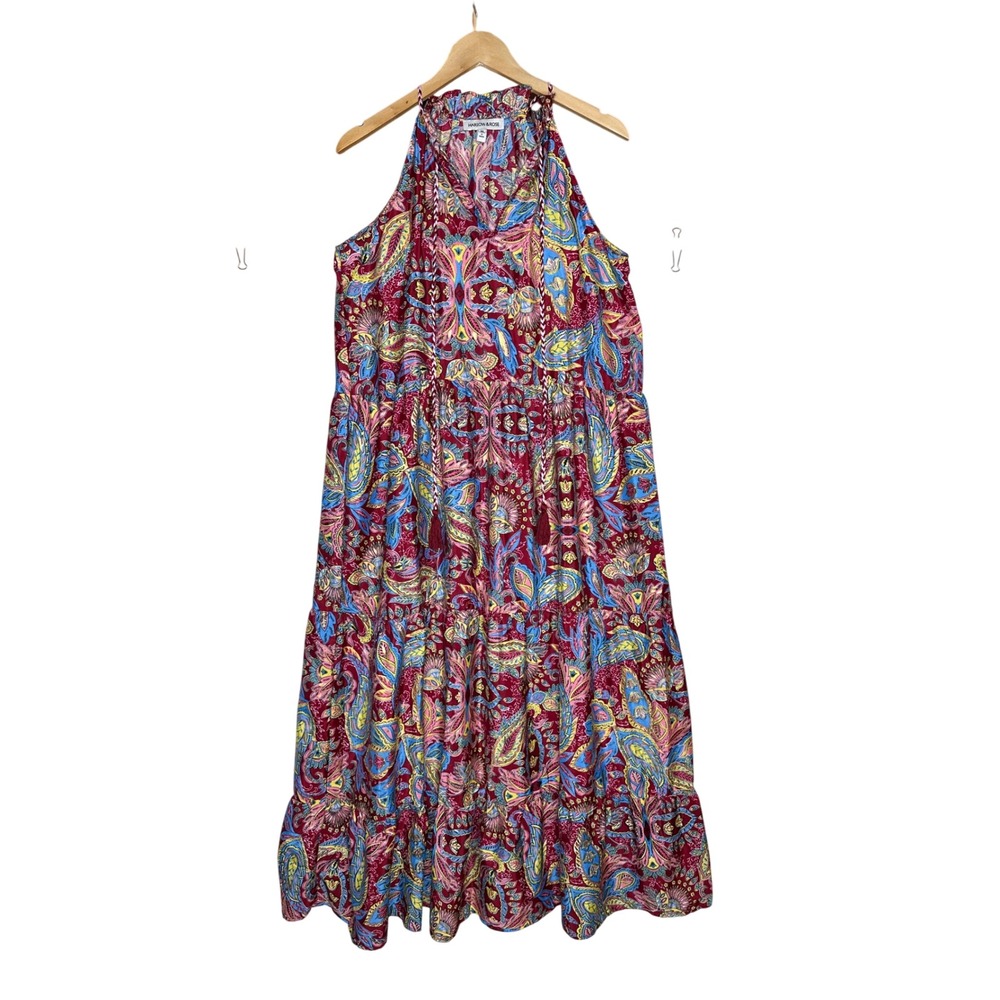 Harlow & Rose Floral Paisley Print Halter Tiered Maxi Dress size Medium Red/Blue